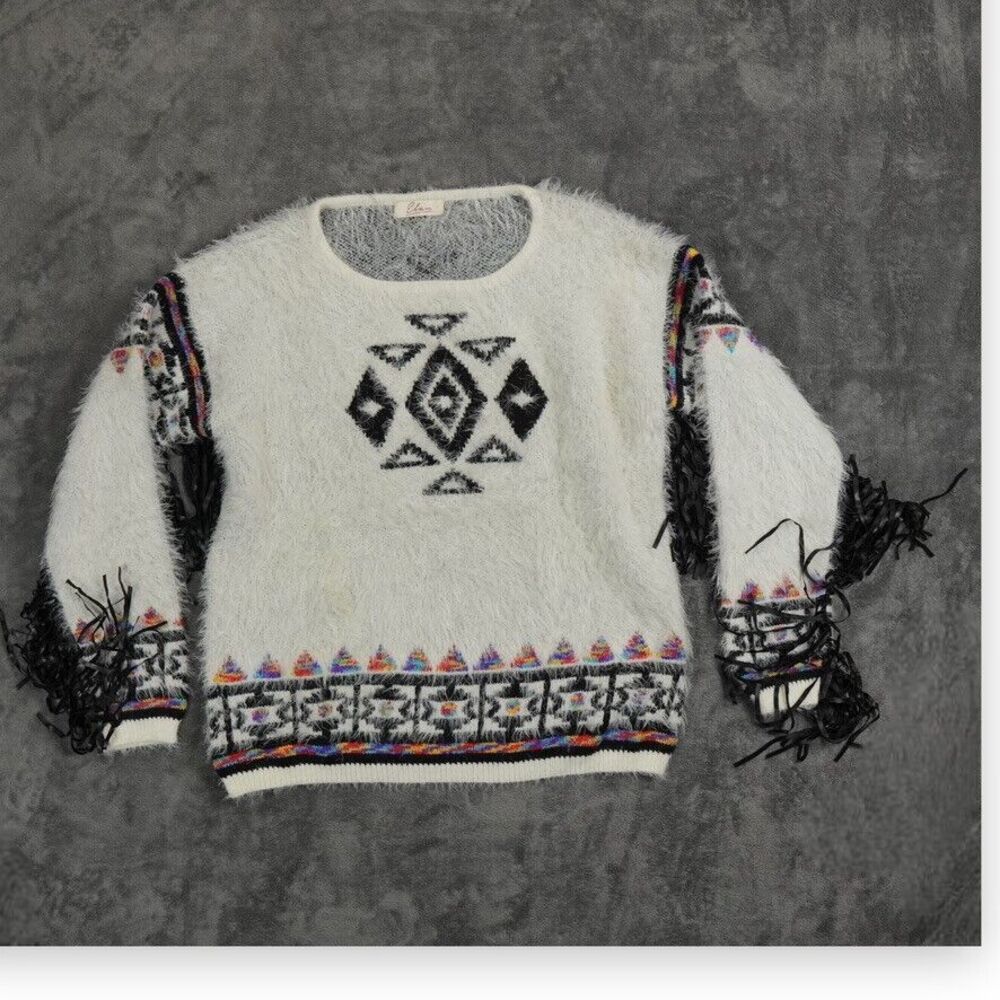 Elan‎ Sweater Womens Large White Boho Tribal Aztec Southwestern Fringe Sleeve